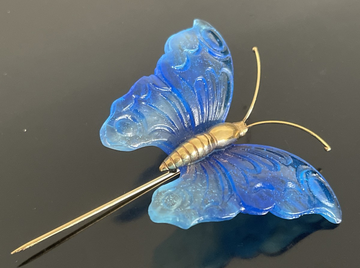 Signed Daum France Blue Butterfly Figurine Pate De Verre Pin