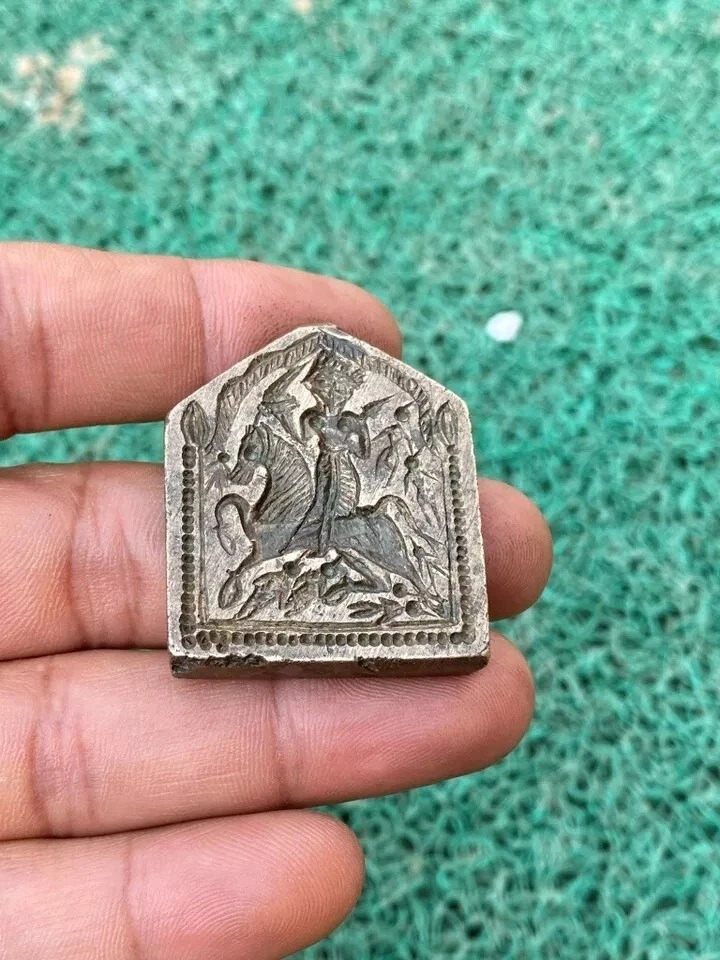 Ancient Brass Hand Carved Primitive Horse Warrior Sword Figured Jewelry Die Mold - Image 4 of 4