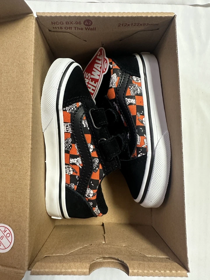 全新 Vans Old Skool V 学步儿童 'Glow Sk8 Monsters' Puffins Bill/True White - 7.0 T — 第 3/4 张图片