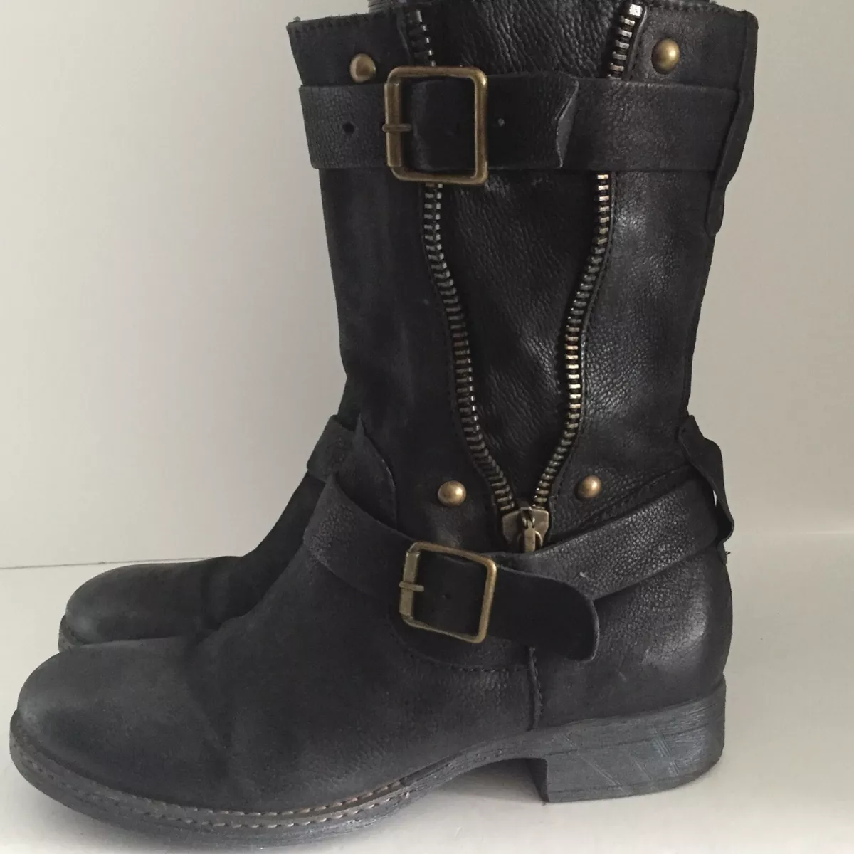 Mjus Women s Motorcycle Boots Oiled Leather Zip Up Brass Hardware
