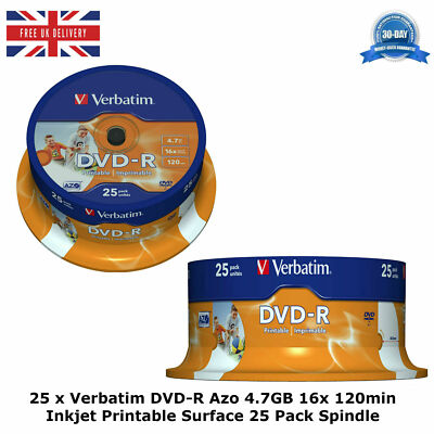 Verbatim DVD-R AZO 700MB 16x 120min Tintenstrahl bedruckbare Oberfläche 25er Pack Wannen Posten