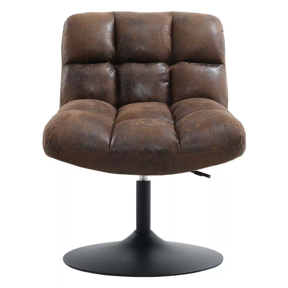 Swivel Accent Chair Brown Faux Leather Tufted Dressing Table Vanity Padded Stool