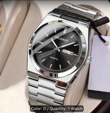IRLANDY Men's Quartz Analogue Watch Black Dial Day/Date Silver Steel Bracelet