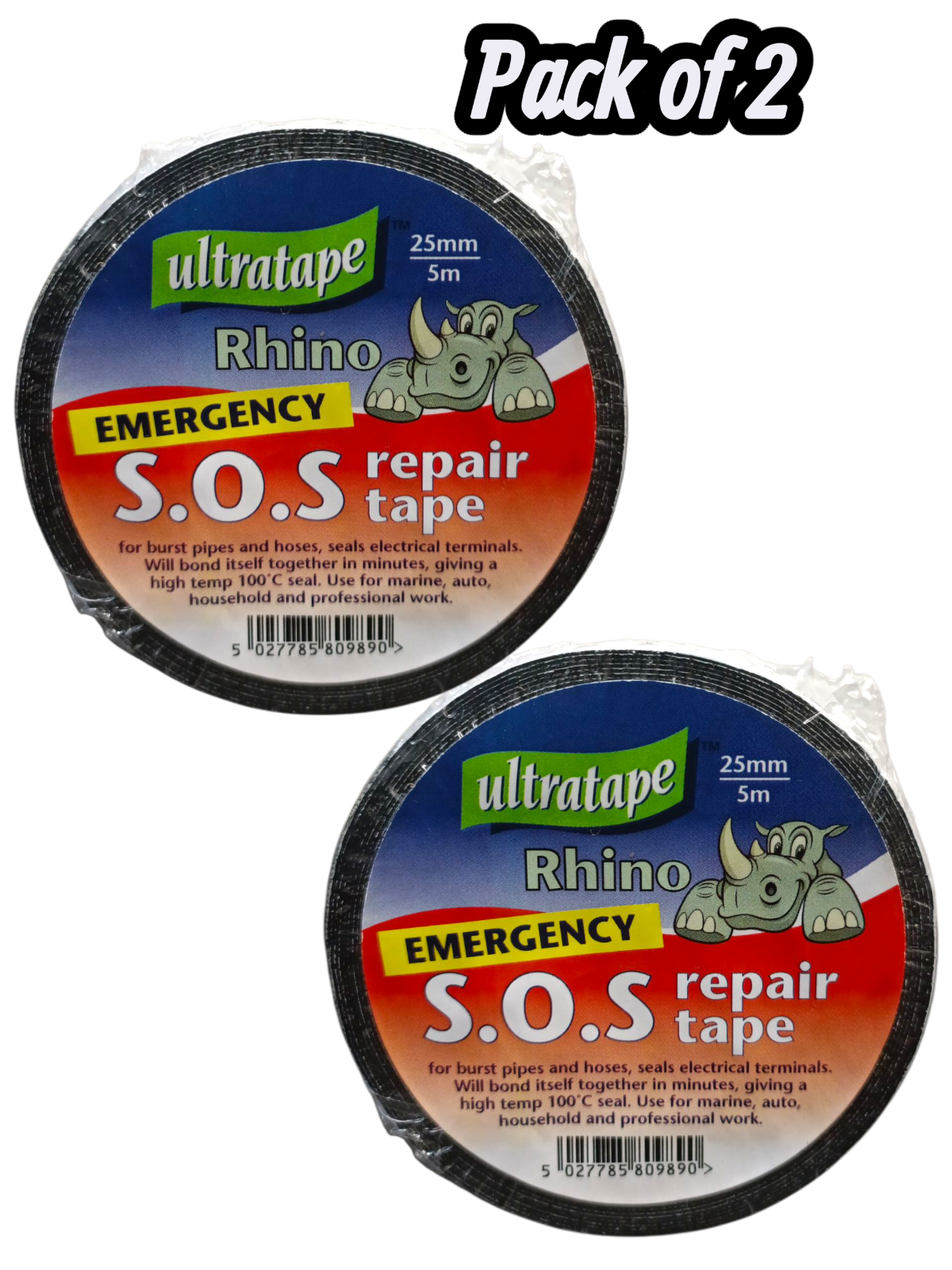 2x Ultratape SOS Emergency Pipe Repair Plumbing Bonding Tape Black 25mmx5m