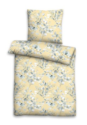 Biberna Seersucker Bettwäsche Vanille Grau Blättermuster 155x220 80x80 cm