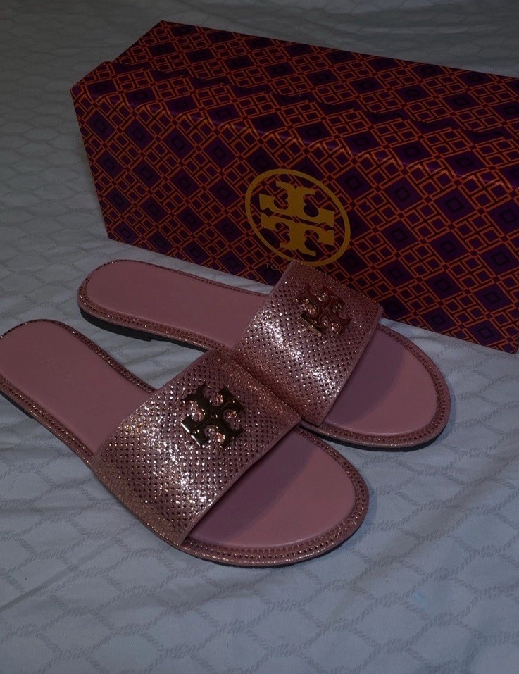 Pink crystal slide sandals inspired by Tory Burch Miller style