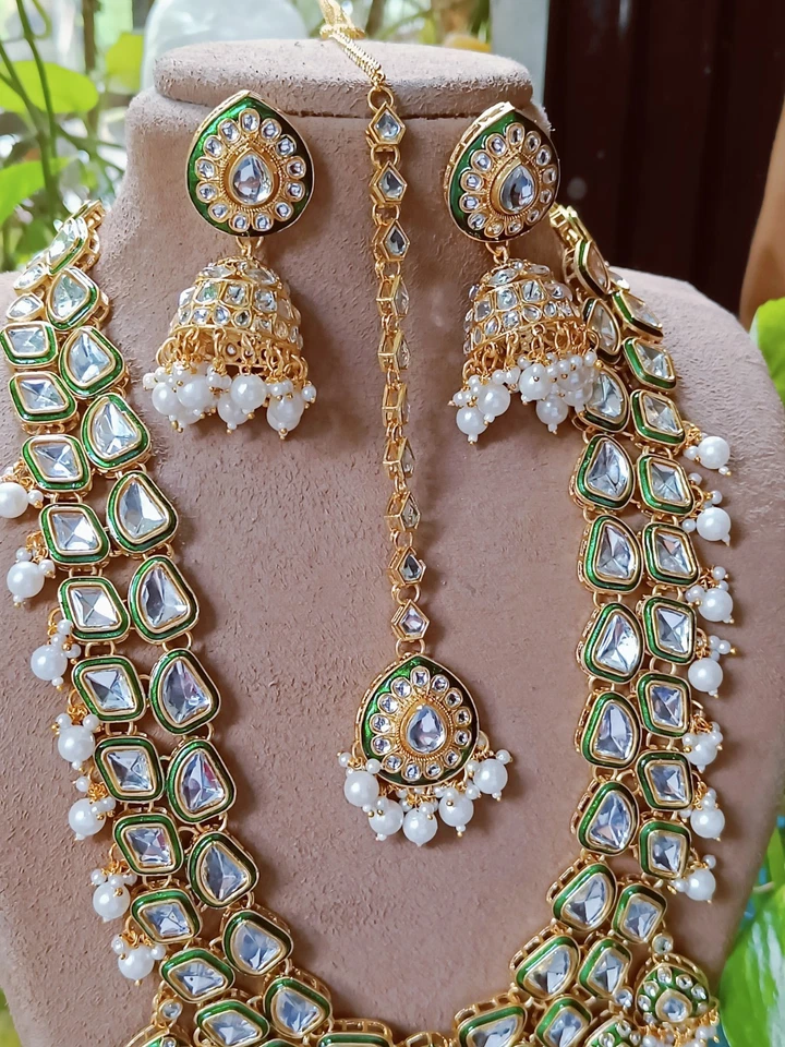 Conjunto de joyas de boda nupcial collar Kundan largo indio paquistaní chapado en oro Foto 3 de 4