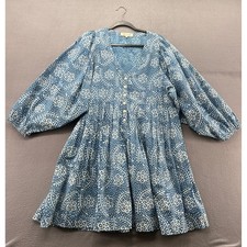 Madewell Dress Womens L Blue White Floral Block Print Button Front Mini Babydoll