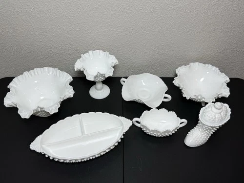 Vintage 7 Piece Lot Of Fenton Signed White Hobnail Vase Shoe Compote See All