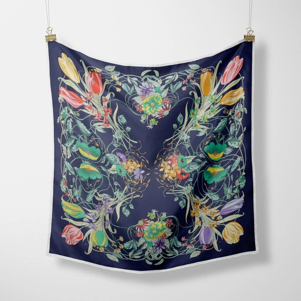 100% Mulberry Silk 43" Square Scarf Women Neckerchief Wrap Shawl Flower Navy
