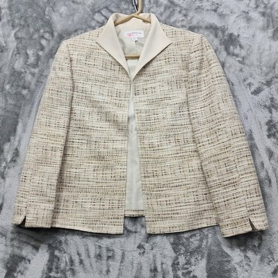 Liz Claiborne Suit Jacket Womens 12 Cream Beige Tweed Open Front Blazer  Office | eBay