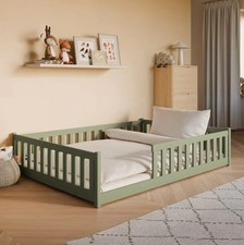 Wooden Bed Mati EU Double – Olive | Low Kids’ Floor Bed with Guardrails