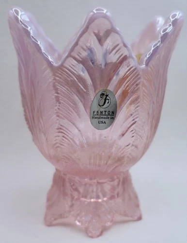 Vintage Fenton Pink Iridescent Glass Tulip Votive Candle or Candlestick Holder