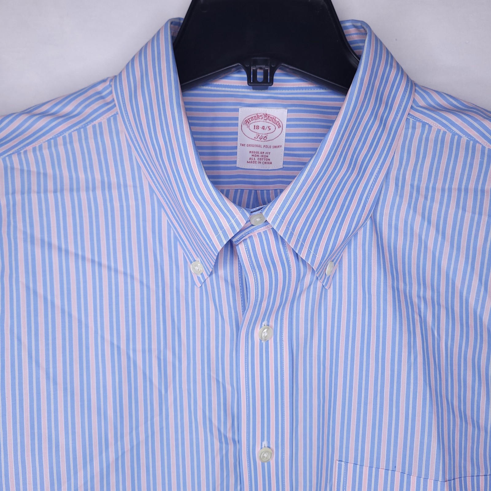 Brooks Brothers Dress Shirt Mens 18 Striped Blue, Red Non Iron Cotton 346