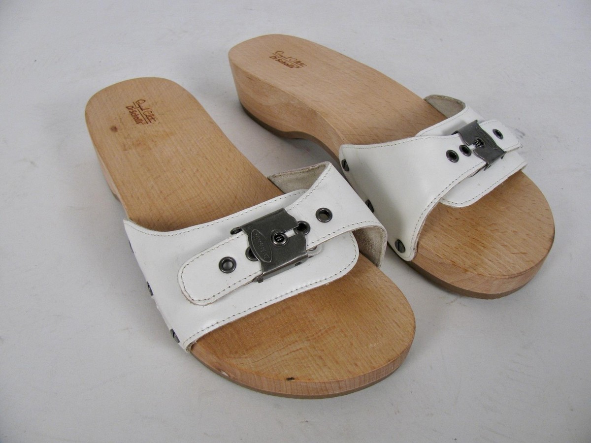 DR SCHOLL'S ORIGINAL EXERCISE WOODEN SANDALS WHITE LEATHER CLOGS