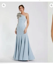 MacDuggal 11810 Crepe One Shoulder Gown With Crystal Flower Powder Blue Sz 8 &12