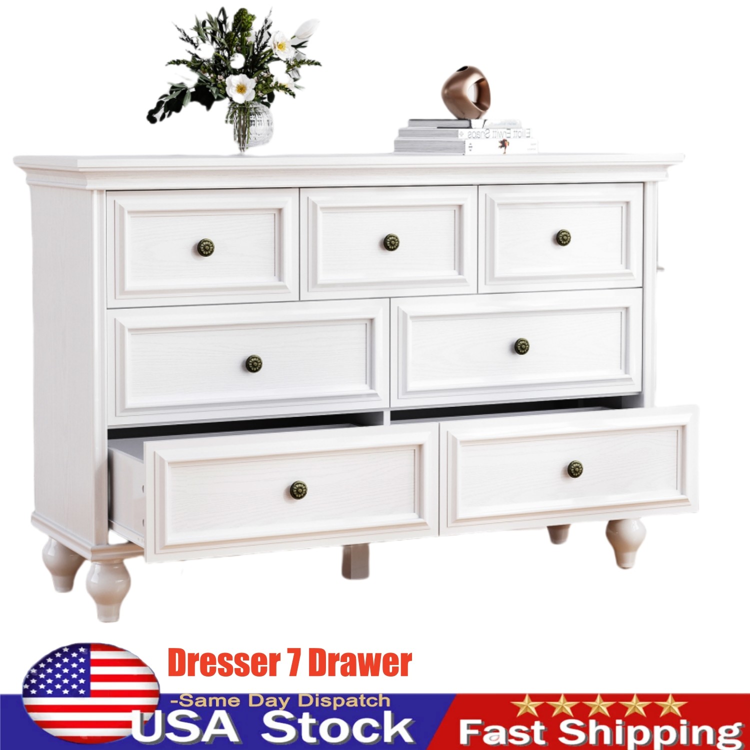 Vintage 7-Drawer Wood Dresser for Bedroom and Closet Storage