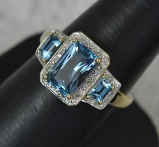 Art Deco Design 9ct Gold Blue Topaz and Diamond Cluster Ring