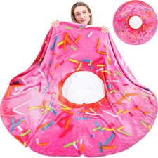 Pink Flannel Donut Blanket, 71 Inch, Funny Food Blanket for Adults and Kids