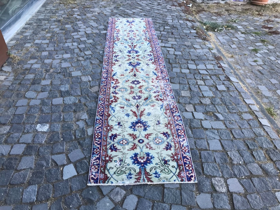 Alfombra turca vintage hecha a mano alfombra de lana alfombra bohemia para corredores alfombra para el hogar 2,5 x 11, pies Foto 4 de 4