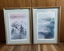 Paired Prints Under Glass By Chang Shu-Chi•Autumn Beach & Spring Lake•Framed MCM