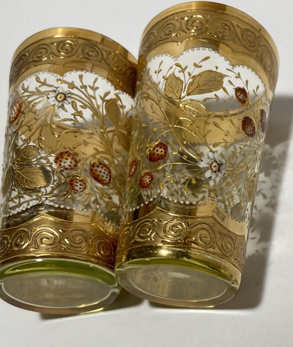 Antique Bohemian Moser Gold Encrusted & Enamel Glasses Set Of 2 - Picture 9 of 15