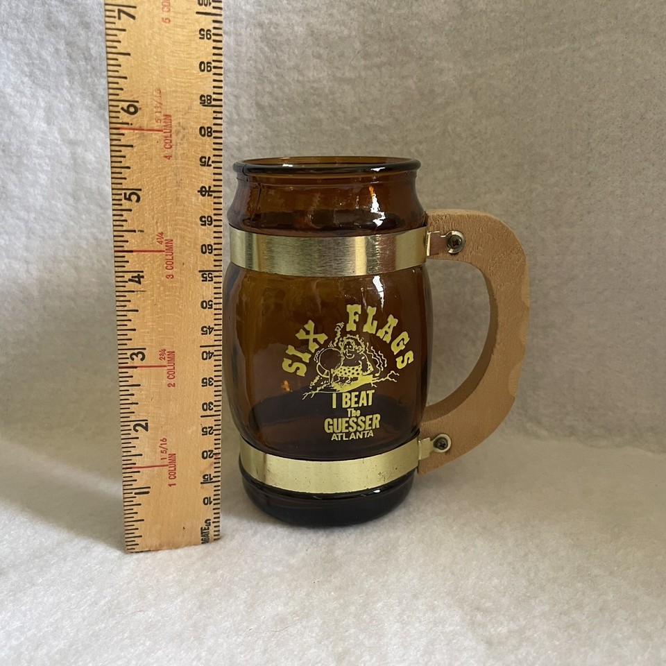 Six Flags Atlanta Beer Mug Barrel Glass Souvenir Amber Wood Handle