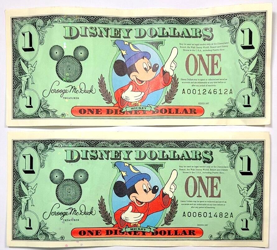 2) 1997 Disney Dollar $1 Sorcerer Mickey Mouse 25th Anniversary