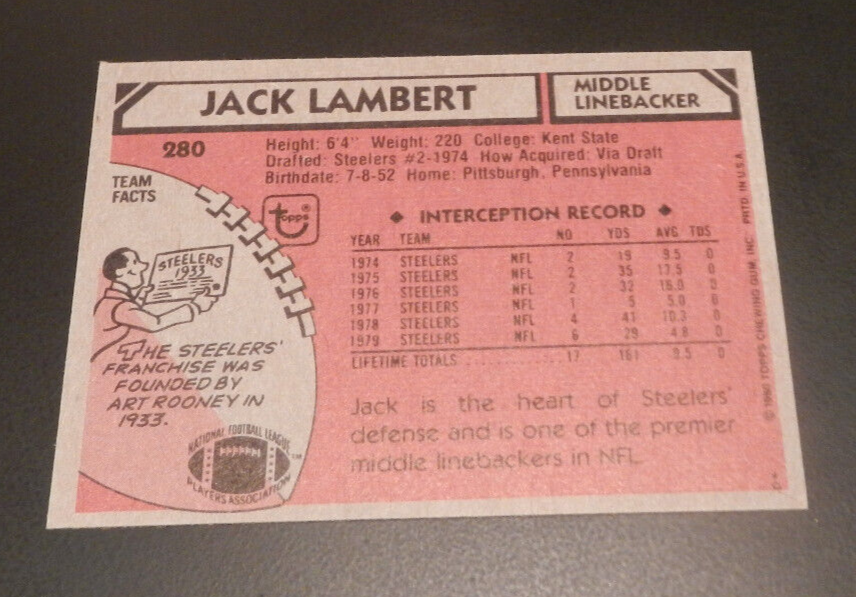 1980 Topps JACK LAMBERT Pitsburgh Steelers 280, HOF Middle Linebacker