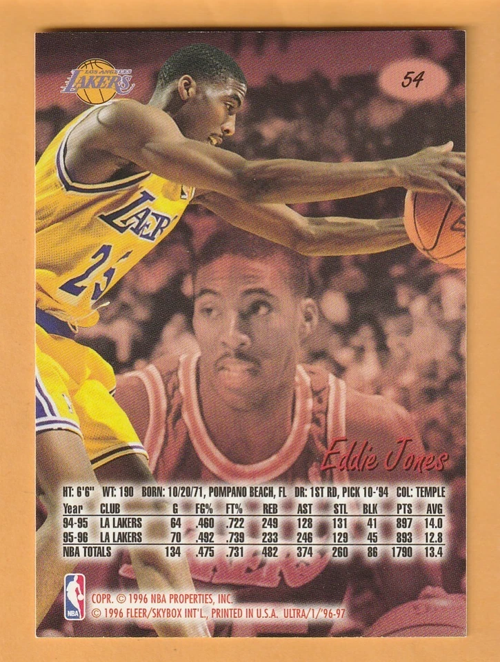 Eddie Jones Los Angeles Lakers 1996-97 Ultra #54 Temple Owls 13L - Image 2 of 2