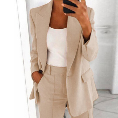 Woman Solid Slim Office Set Suit Coat Straight Pants Elegant  
