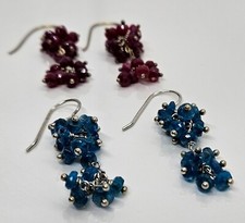 Vintage Burgandy & Blue Glass Beaded Earrings Pierced Drop Dangle Design 2"