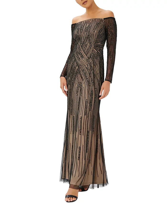 Adrianna Papell Beaded Off-the-Shoulder Gown Women's 4 Black/Nude Long Sleeve