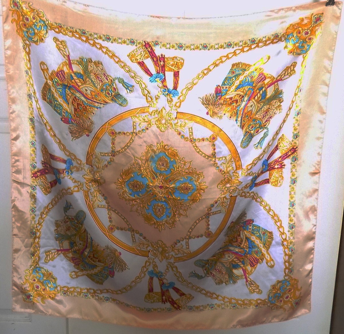 Vintage Peach Gold Large Square Scarf 34 x 35