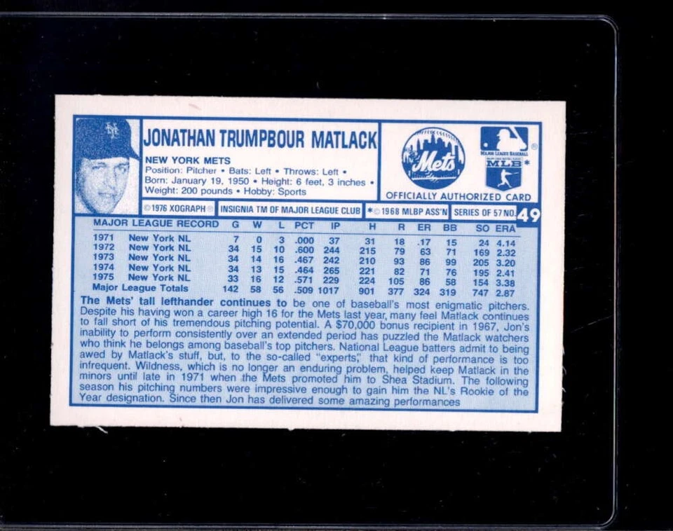 1976 Kellogg  #49 Jon Matlack   NM/NM+ X3522727 - Image 2 of 3