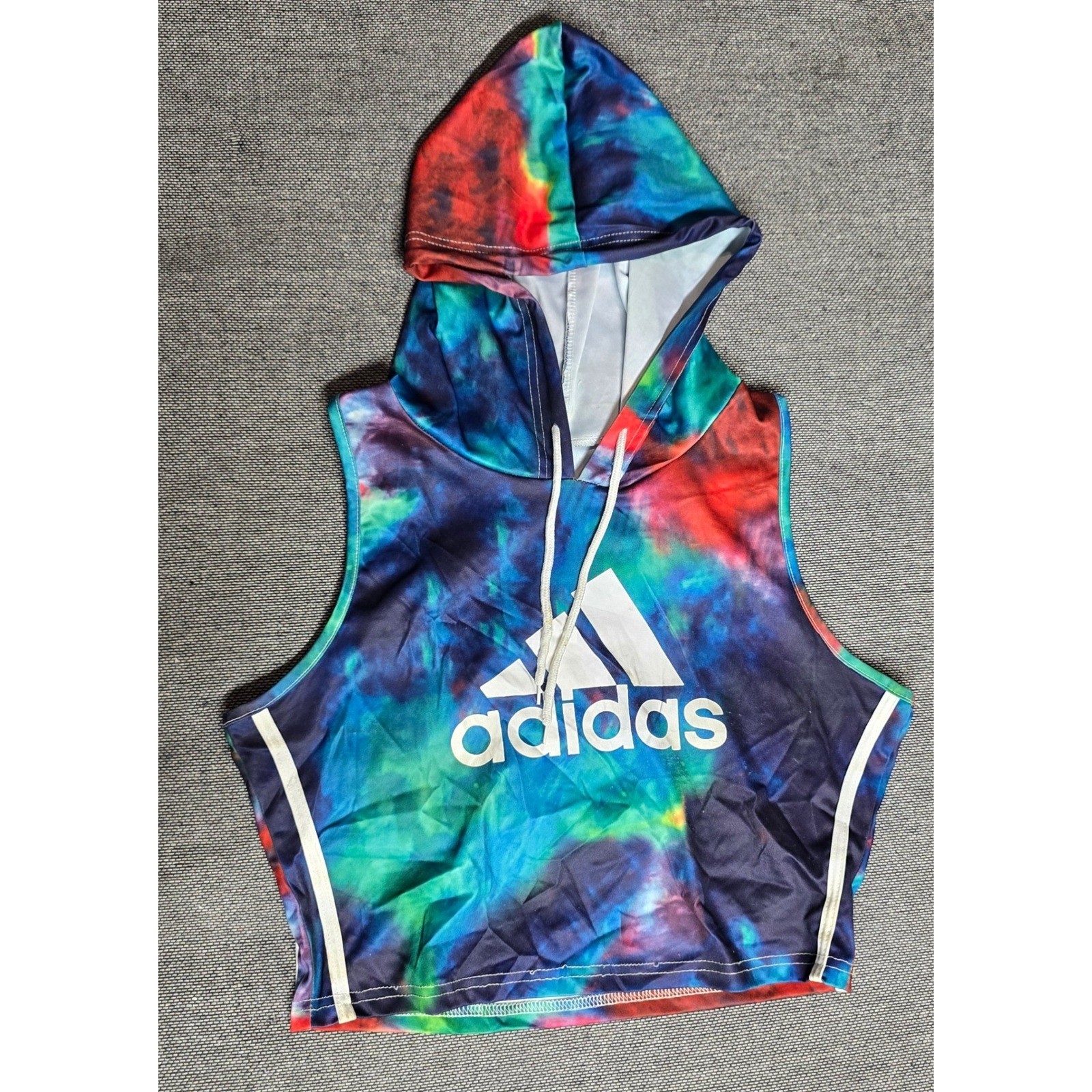 Adidas Sleeveless Crop Top Hoodie Tie Dye Galaxy Print Multi Color Womens