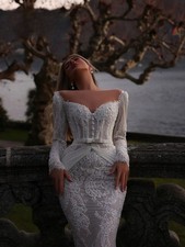 Long Sleeve Wedding Dresses Romantic Beaded Bridal Gown Formal A Line Lace Floor