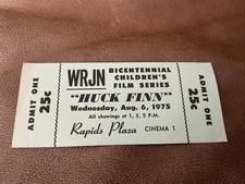 HUCK FINN / Vintage 1975 Rapids Plaza Cinema Ticket, Mark Twain WRJN