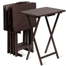 PJ Wood Folding TV Tray Tables with Compact Storage Rack, Espresso, 5 Piece Set