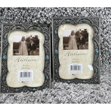 Heirloom Pewter Metal Blue Jeweled Photo Frame Art Deco Style 4x6 Pack of 2 New
