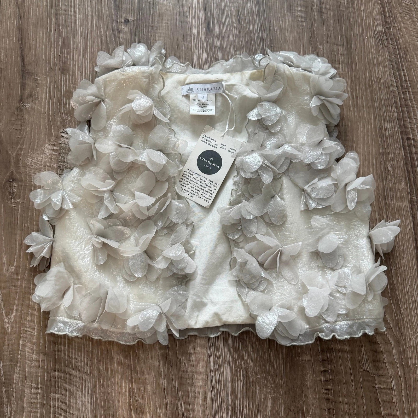 Charabia Paris Girls 8A 3D Floral Organza Vest Cream NWT Boutique Designer