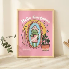 Girly Frog Self Love Wall Print, Positivity Hello Gorgeous Quote, Pink Retro Art