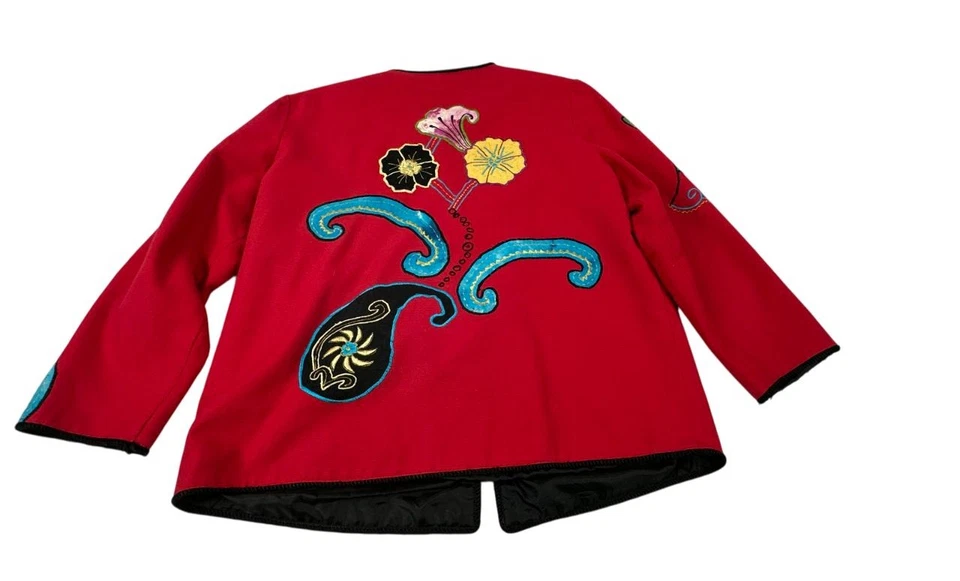 Blazer Vintage Indigo Luna Rojo Floral Bordado Patchwork Paisley Mujer Talla S Foto 2 de 4