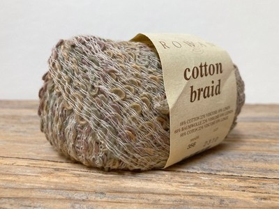 rowan cotton braid yarn. picasso 356 . 54yds ric rac boucle ribbon . green tan
