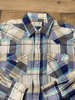 Vintage H Bar C California Ranchwear Shirt Mens 17 35 Plaid Pearl Snap Made USA