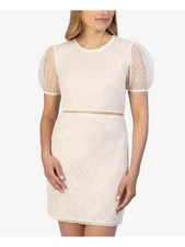 SPEECHLESS Womens Beige Dotted Mesh Short Sleeve Short Sheath Dress S