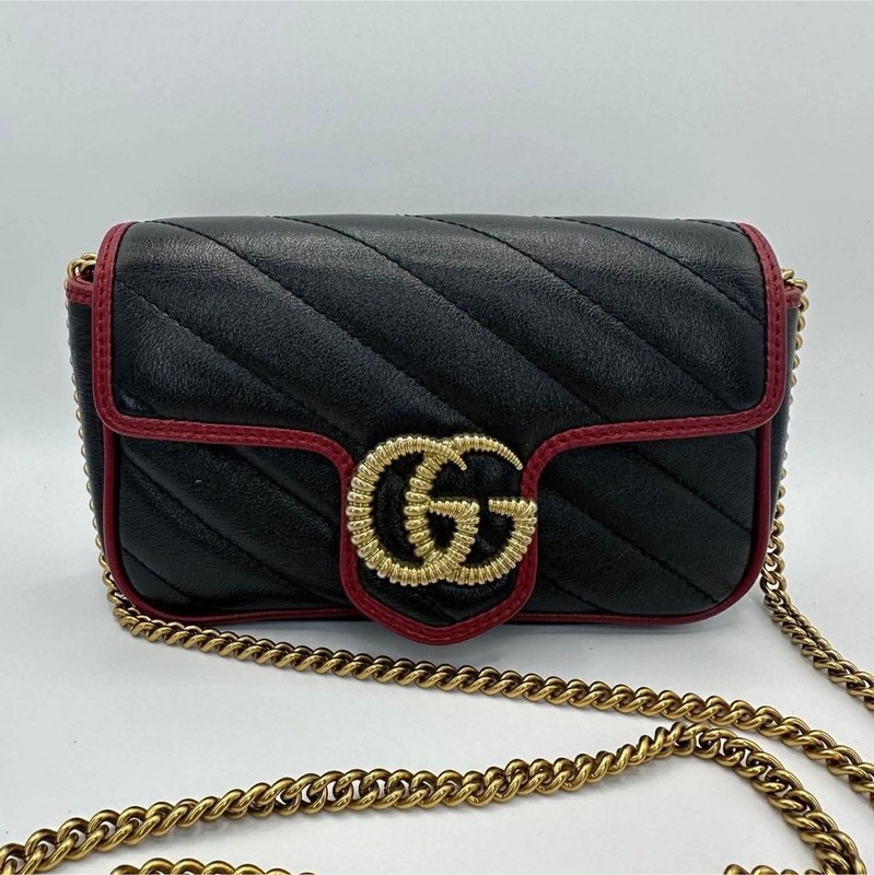 Gucci GG Marmont Mini Chain Crossbody Bag w COA– Black Leather with Red Trim 
