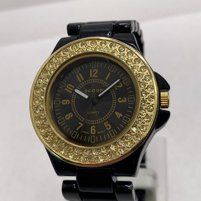 Scoop Womens Gold Rhibestine Black Metallic Watch Works New Battery
