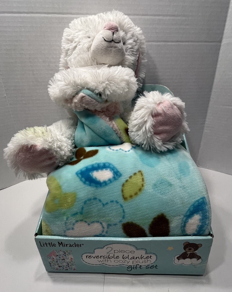Little Miracles 2 Piece Reversible Blanket With Cozy Plush White Bunny Gift Set