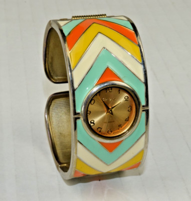 Vintage Watch Geneva 90s Colorful Enameled Chevron Hinge Cuff Quartz Stainless